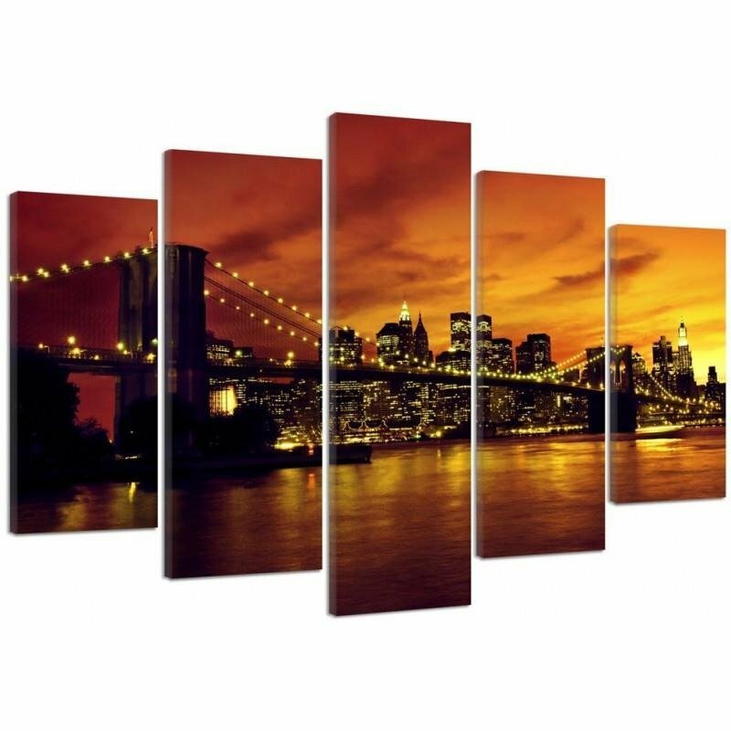 5-tlg. Fotodruck-Set Die Brooklyn Bridge und Manhattan bei Sonnenuntergang