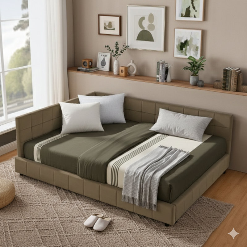 Full Size Padded And Quilted Bed Base, Couch-Style Bed Structure With A Cushioned Back Support And Side Armrests, Full Dimensions Bed Suitable For Sleeping Quarters Or Common Areas, Velvet Fabric, BROWN Color (Measures 80.5'' L X 59'' W X 30.5'' H).