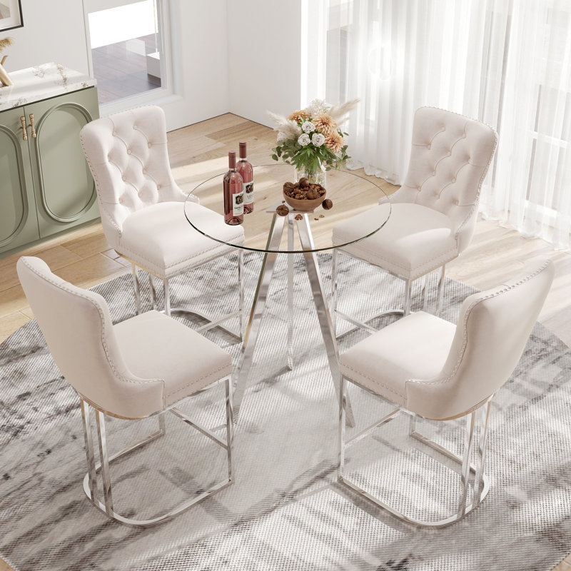 Modern Bar Set, 31.5in Glass Table + 2/4 Velvet Barstools for Kitchen Island, Silver/Beige