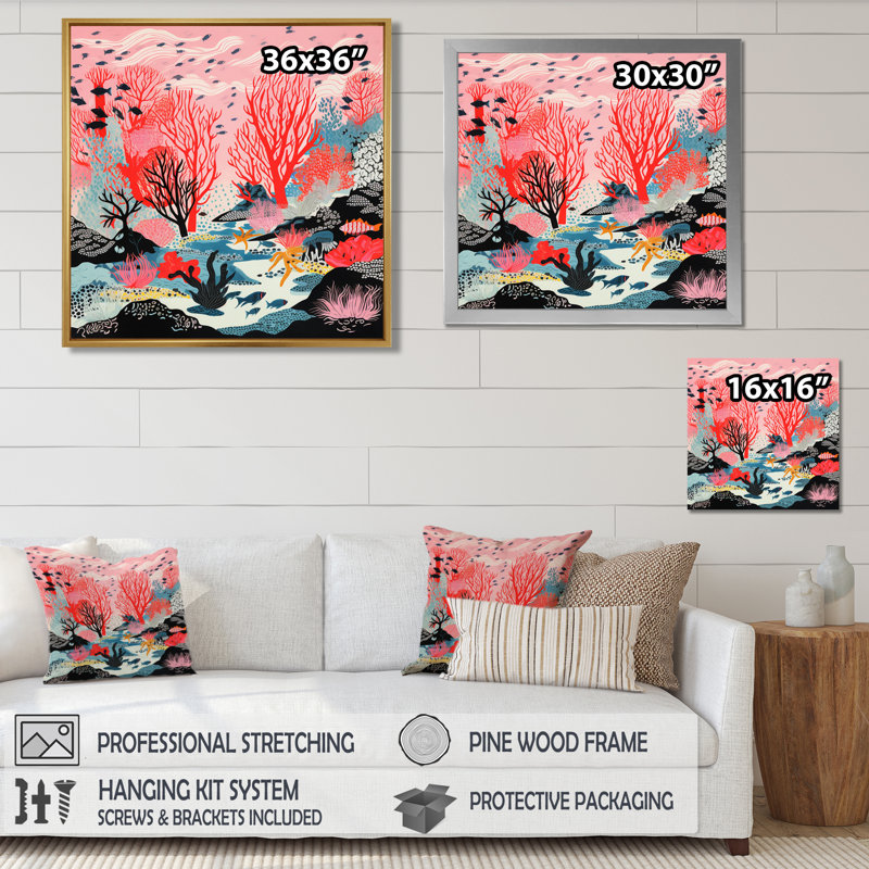 Corail rouge profond avec illustration de poissons - impression d'art mural corail, Cadre flottant noir, H 16 po x l 16 po