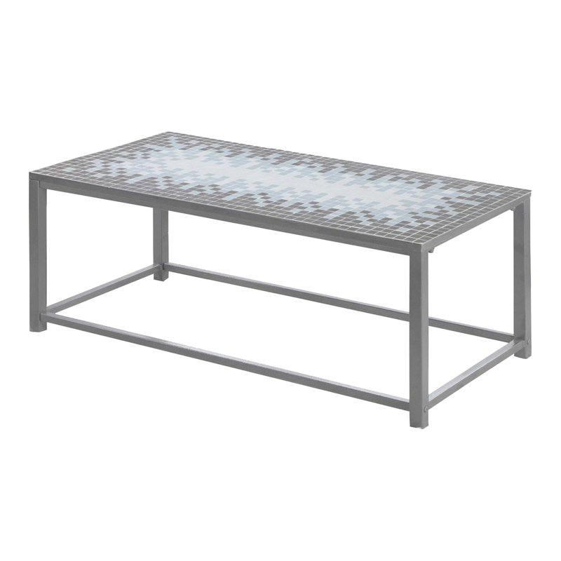 Table d'appoint pour salon - 107 cm (42 po) de long, carrelage bleu, métal gris, plateau rectangulaire en carreaux de café, base.
