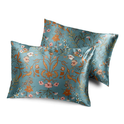 Boho Floral Wildflower Blue and Orange Satin Decorative Rectangle Indoor Pillowcases - 2 Pack Set by Sweet Jojo Designs