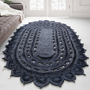 Oval Arne Oriental Power Loomed Jute Area Rug in Navy