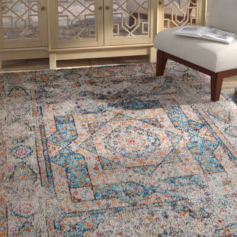 Tapis oriental ivoire / bleu Efa, Rectangle 12 pi 6 po x 15 pi