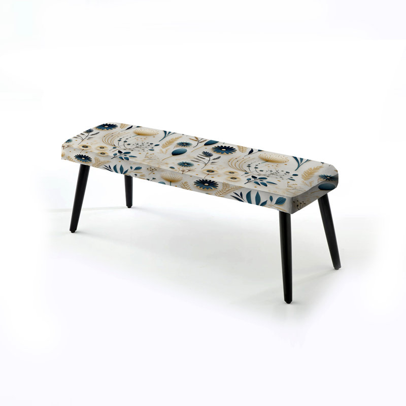 Banc rembourré floral noir, Blue And White Ferns Minimalism Boho Pattern II