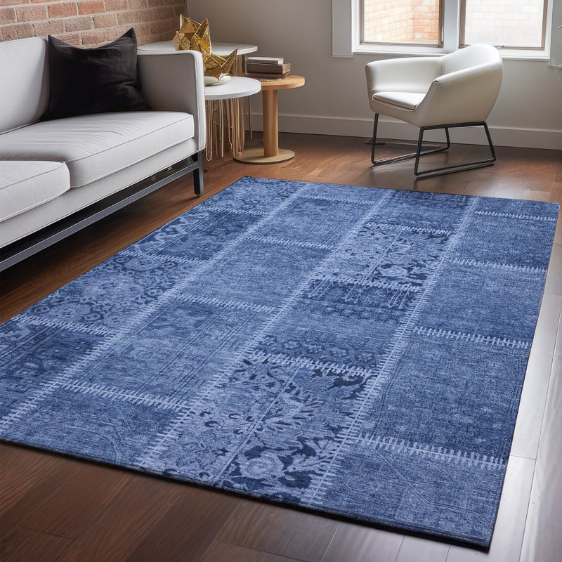 Tapis bleu marine Cerrito lavable à la machine de qualité supérieure, Rectangulaire 3 pi x 5 pi
