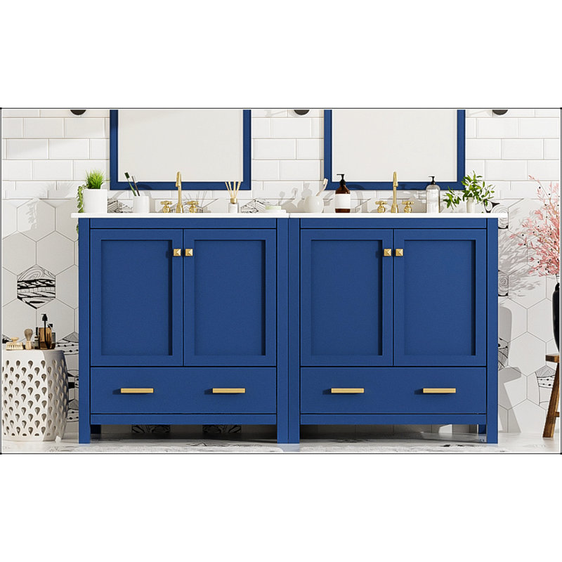 Ensemble de meuble-lavabo bleu 60 po avec double meuble-lavabo, lavabos en céramique et rangement spacieux pour les salles de bain modernes
