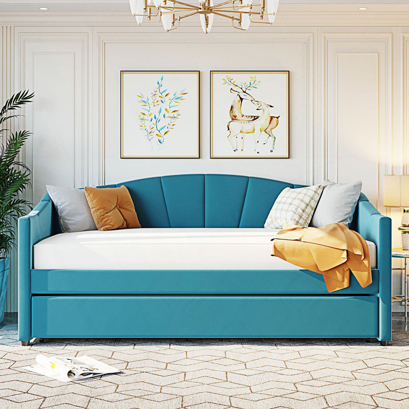 Modern Style Twin Size Upholstered Daybed, Sofa Bed With Trundle Bed, Blue