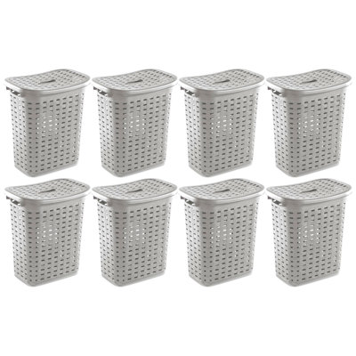 Sterilite Plastic Weave Laundry Hamper Slim Clothes Lidded Basket, Gray, 8-Pack