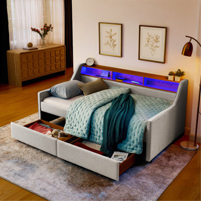 Lit de jour rembourré avec 2 tiroirs, lumières DEL, chargement sans fil et rangement pour tête de lit