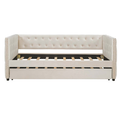 Tufted Upholstered Daybed With Trundle, Velvet Sofabed With Rivet Design, No Box-Spring Needed -  Everly Quinn, 1CEF8CD9BB314E0592749AB9D2A67538