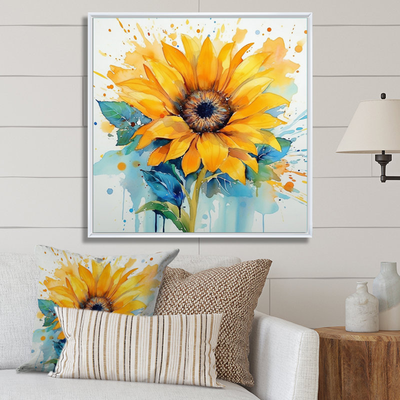 Jaune, bleu, doré, tournesols III, H 16 po x l 16 po x P 1 po, Cadre flottant blanc
