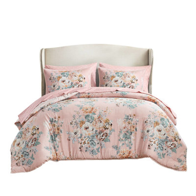 7 King Comforter In Pink Vintage Floral, Breathable 200Gsm Fill, Smooth Touch, Complete Bed Ensemble, Effortless Styling With Floral Accents, Comfortable All Seasons, Microfiber, Matching Decorative