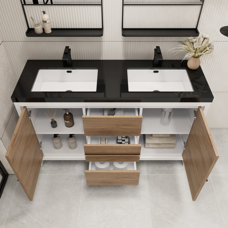 Ensemble de meuble-lavabo double 60 po Bayyinahi, Chêne blanc