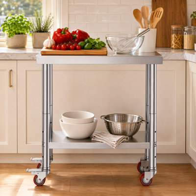 Table de travail en acier inoxydable de l 24 po x P 12 po x H 34 po, table de préparation commerciale avec 4 roues et tablettes réglables, poste de travail utilitaire robuste pour garage de restaurant, argent