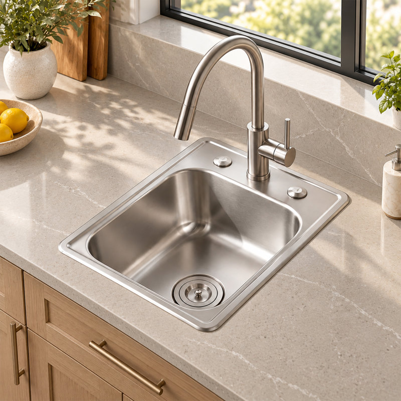 22" Stainless Steel Single Bowl Drop-In Kitchen Sink 3-Hole with Basket Strainer