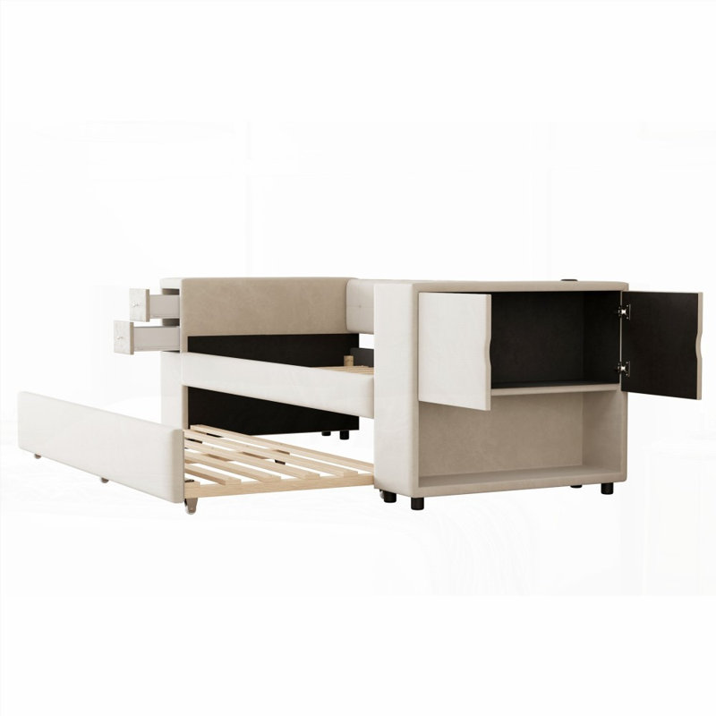 Lit simple tapissier avec rangement Lit gigogne, chargement USB, velours français, beige (L 90,9 po x l 42,2 po x H 25,9 po), aucun sommier requis, support solide