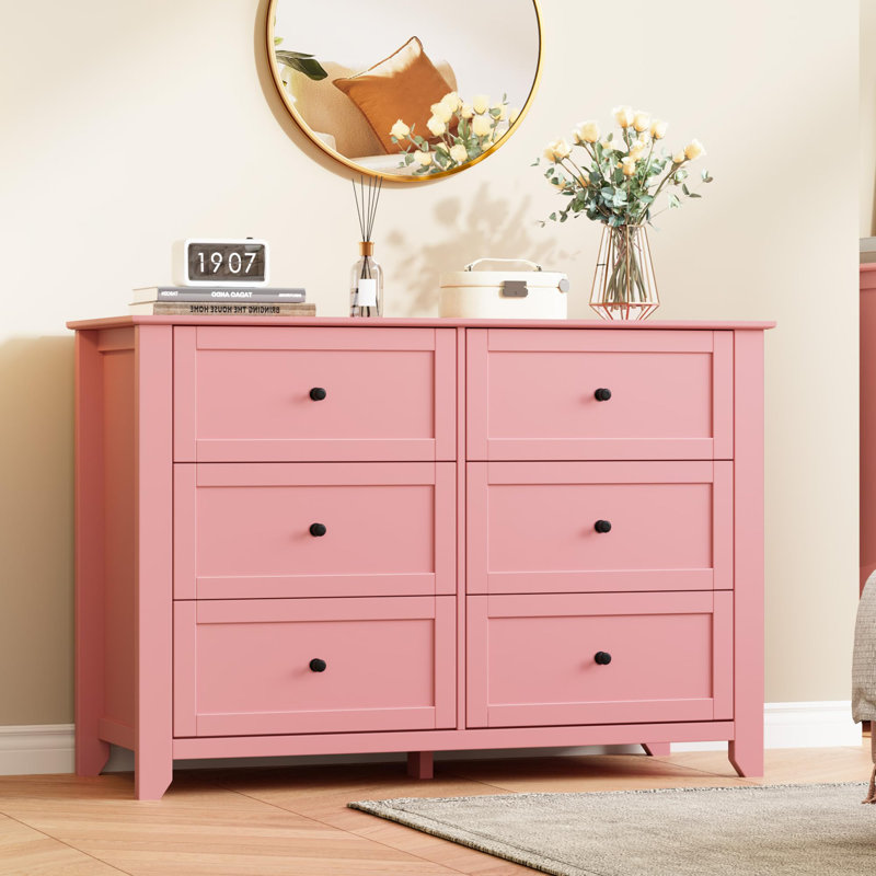 6 Drawer Dresser with Metal Knobs, 47.2" Wide Wooden Double Storage Chest for Bedroom Entryway Hallway, Pink
