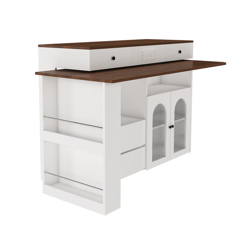 Îlot de cuisine avec table extensible et rotative, panneau de fibres à densité moyenne avec placage de noyer au design rétro, 4 tiroirs et armoires à portes en verre avec prise intégrée, poste de salle à manger extensible pour 2 à 4 personnes