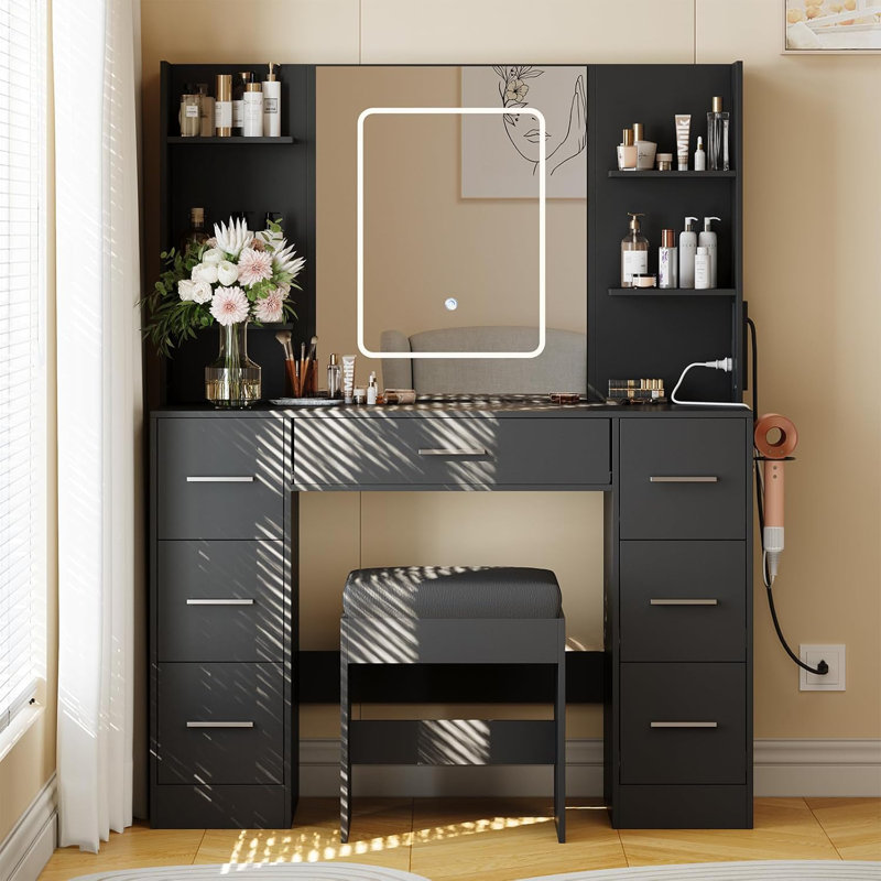 Vanity Desk  Vanity Table With 7 Drawers And 6 Storage Shelves, With Mirror  Stool Dressing Table , Black