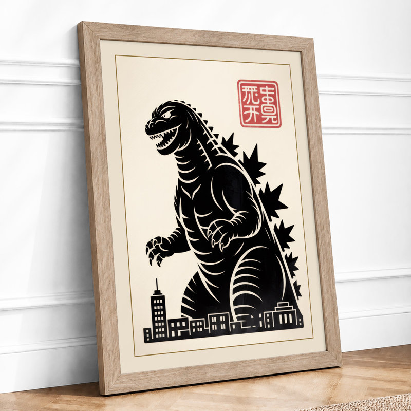 Godzilla Rises Japandi - Framed Print, Oak, A3 - 42.0 x 29.7 cm