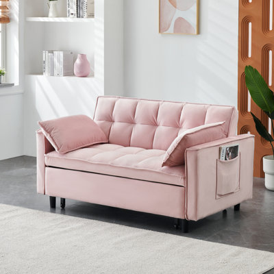 Lit escamotable à 2 places en velours rose avec rembourrage en éponge et cadre 3 poches de soutien du dos pour un rangement pratique