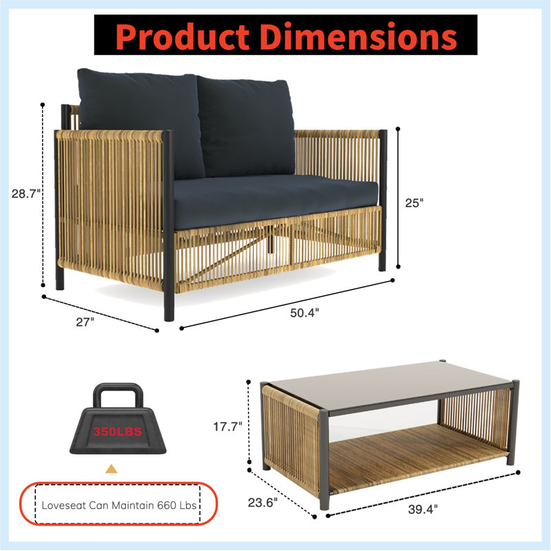 Ensemble de canapé d'extérieur 2 places avec table basse Modern - rotin PE, coussins gris, brun noir