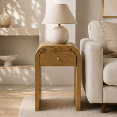 Table d'appoint en bois courbé avec 1 tiroir, table de chevet, plateau à bords arrondis, idéale pour la chambre ou le salon.