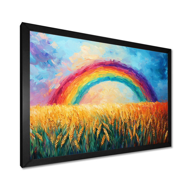«Countryside Rainbow Over The Wheat Fields I» - art mural arc-en-ciel, H 12 po x l 20 po, Cadre simple noir