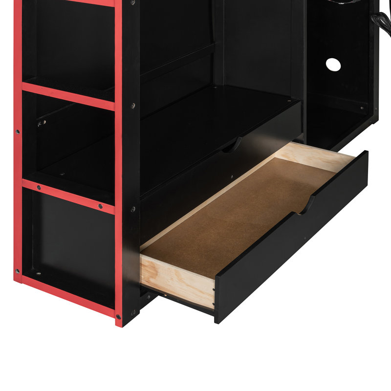 Lit mezzanine double en bois avec bureau, Rouge