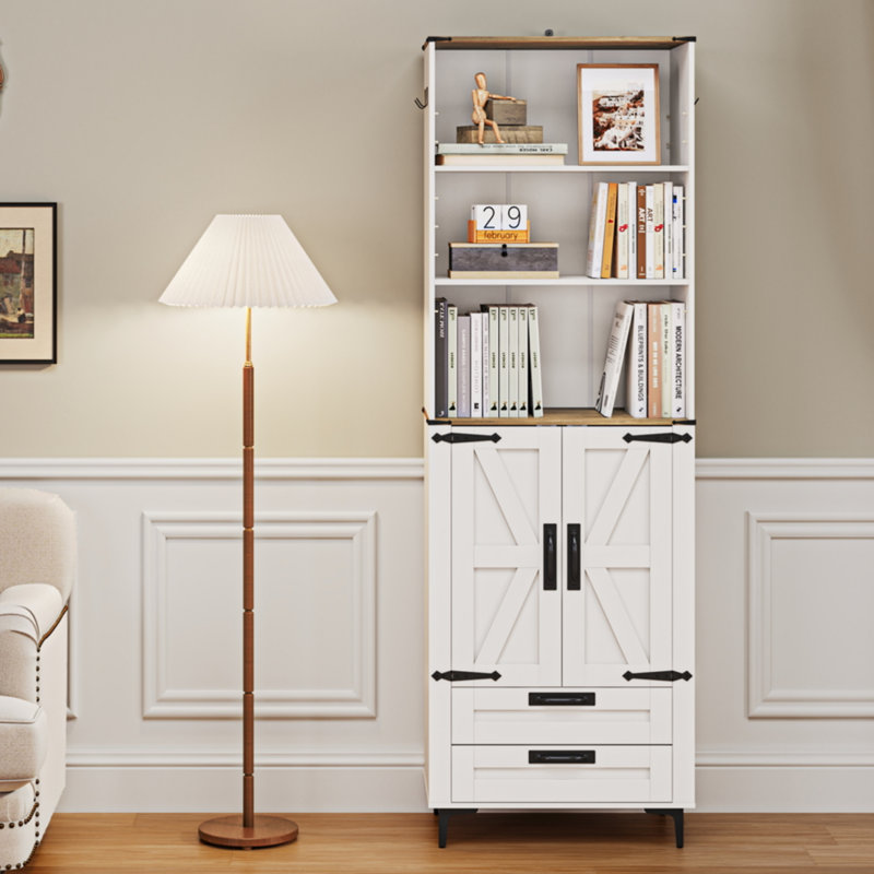 72'' Tall Farmouse Bookcase With Adjustable Shelves And Hidden Storage Cabinet