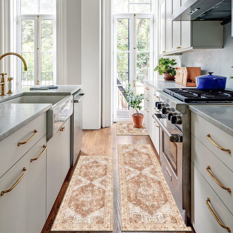 Vintage Washable Non-Slip Kitchen Mat & Runner (Set of 3), Orange
