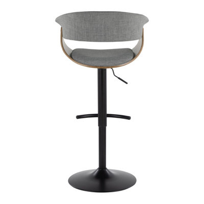 Vintage Mod Mid-Century Modern Adjustable Height Barstool With Swivel In Black Metal, Walnut Wood And Light Grey Fabric With Rounded "T" Footrest By Lumisource - Set Of 2