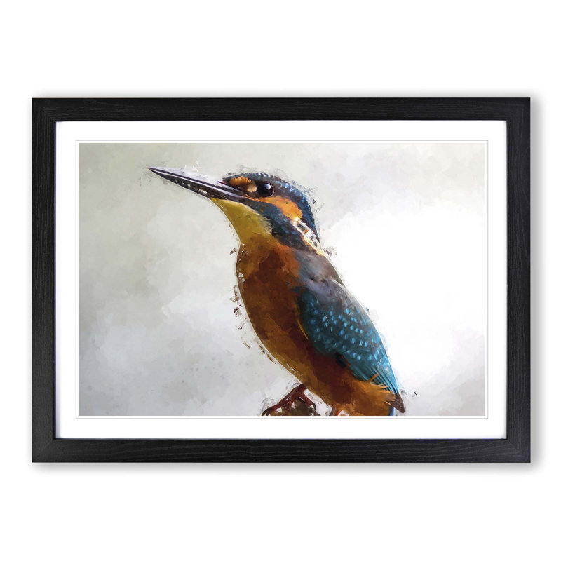 Graceful Kingfisher Bird in Abstract - Picture Frame Painting Print on MDF, 27cm H x 36cm W x 2cm D, Black Framed