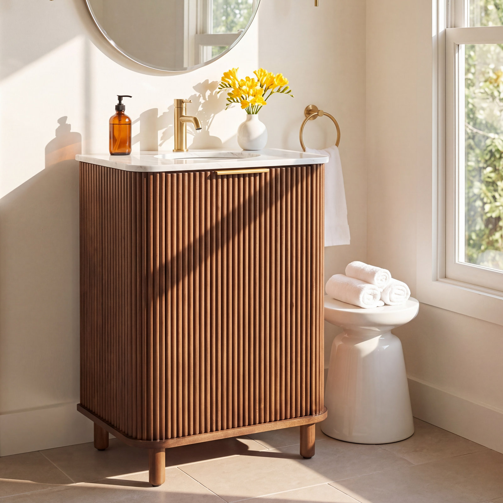 Nova 24" Carrara Marble Single Bathroom Vanity, Brown Reeded
