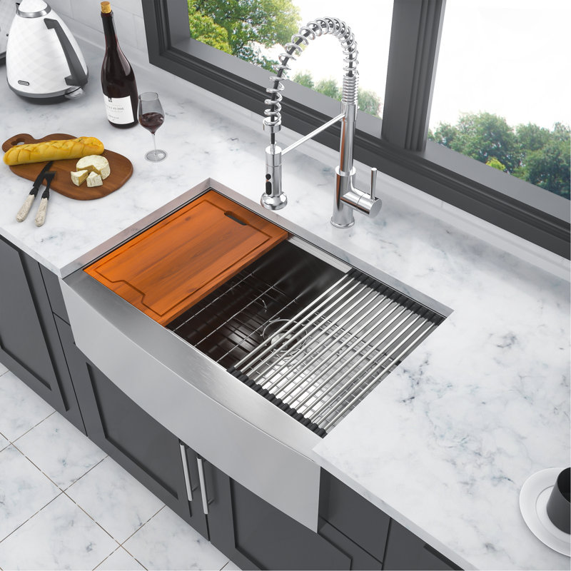 33 Inch Farmhouse Kitchen Sink Stainless Steel 16 Gauge Apron Front Basin With Workstation