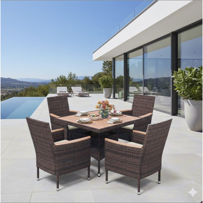 5-Piece All-Weather Brown  Rattan Patio Dining Set With Acacia Wood Table
