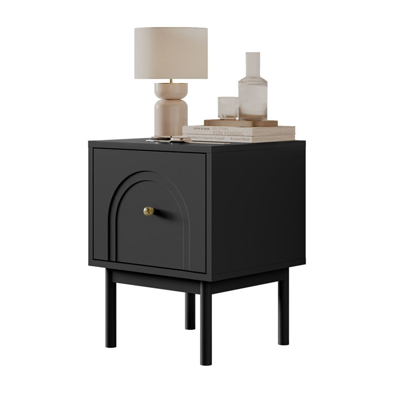 Bedside table LIBERTY nightstand with gold handle, Black