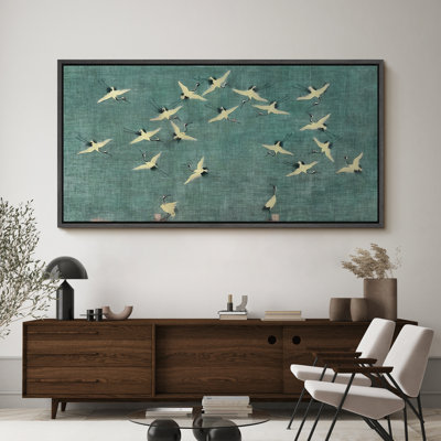 Serene Sky Cranes In Flight On Teal Rustic Artwork Extra Large Pictures Framed Canvas Print Wall Art