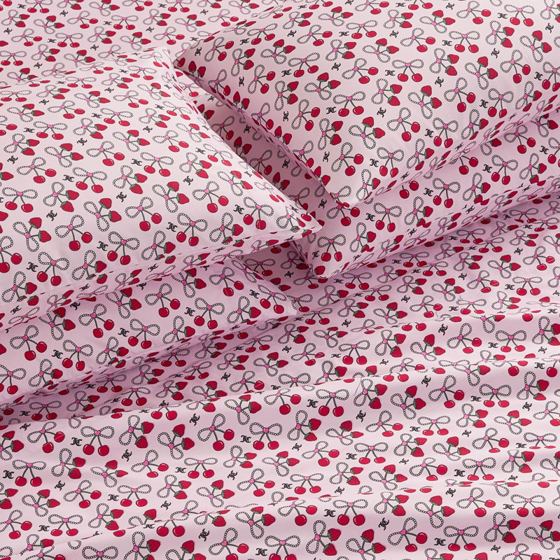 Juicy Couture Microfiber Sheet Set with Extra Pillowcase(s), Twin, Cherry Pearl Bow