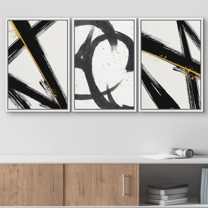 BAW grunge noir foncé Strokes Graffiti et Street Abstract Modern Zen sur toile, 3 pièces, H 36 po x l 72 po x P 1,5 po