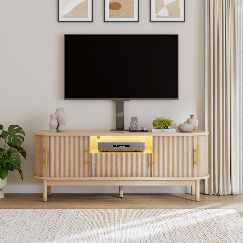  Meuble télé moderne avec cannelure et support de charge, Bois de chêne, H 55 po x l 60 po x P 15,4 po