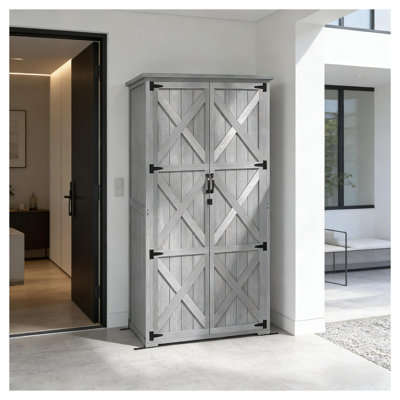 Gray Wooden Freestanding Outdoor Storage Cabinet with Two Shelves