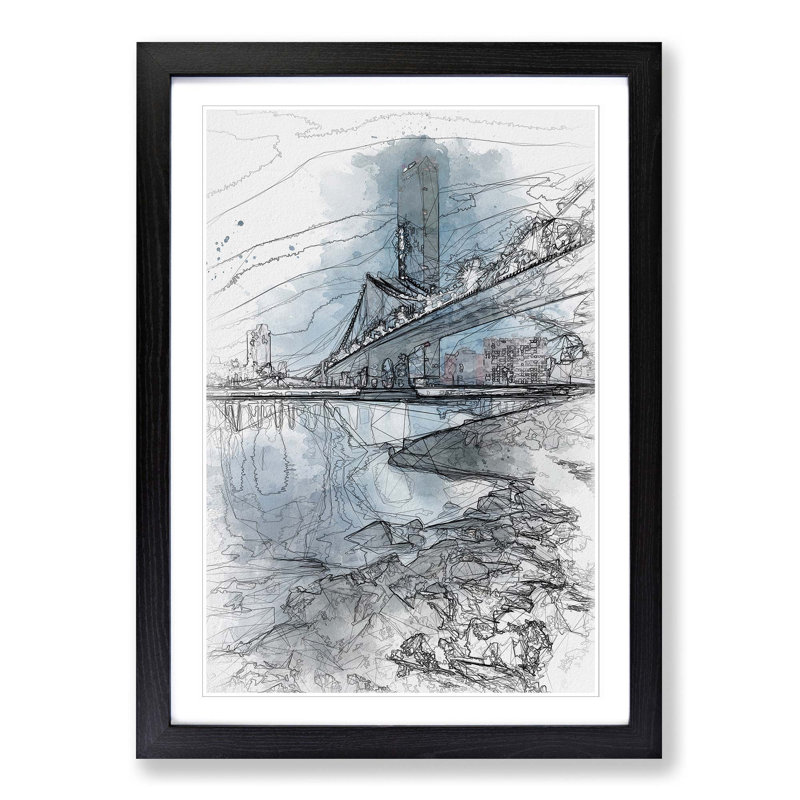 The Brooklyn Bridge in New York in Abstract - Picture Frame Drawing Print on MDF, 48cm H x 36cm W x 2cm D, Black Framed