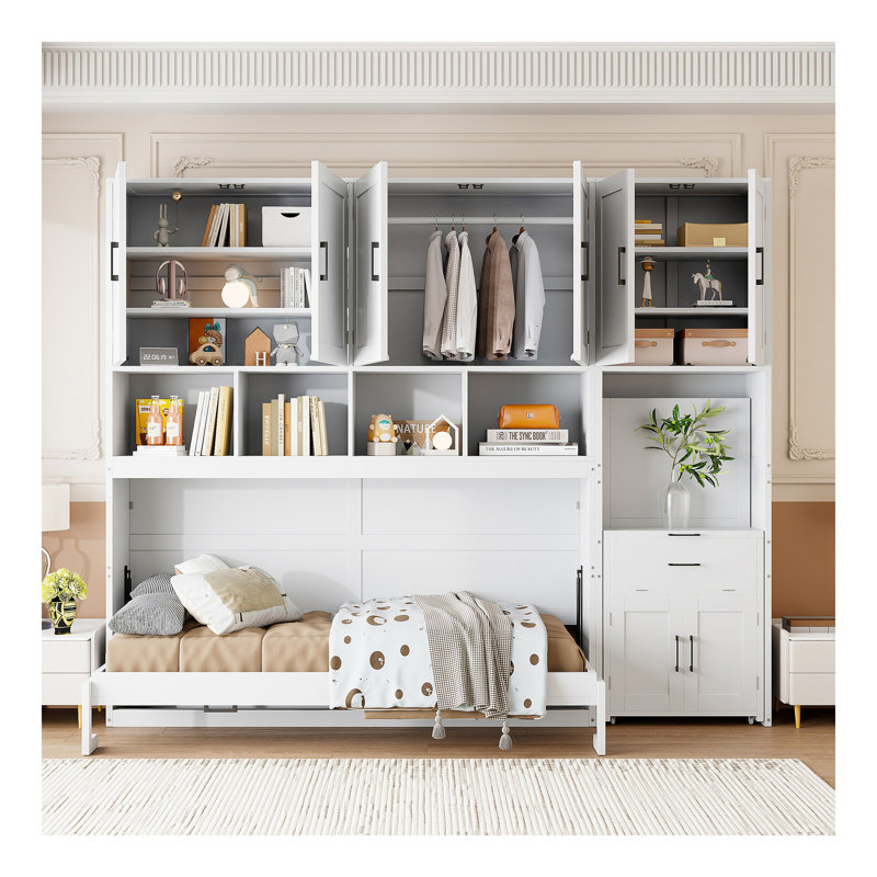 Lit escamotable mural simple avec placard, bureau blanc