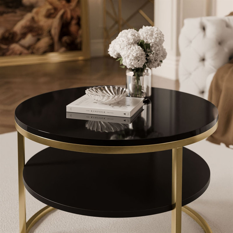 CIRI SLIM Round Coffee Table with Shelf, black gloss