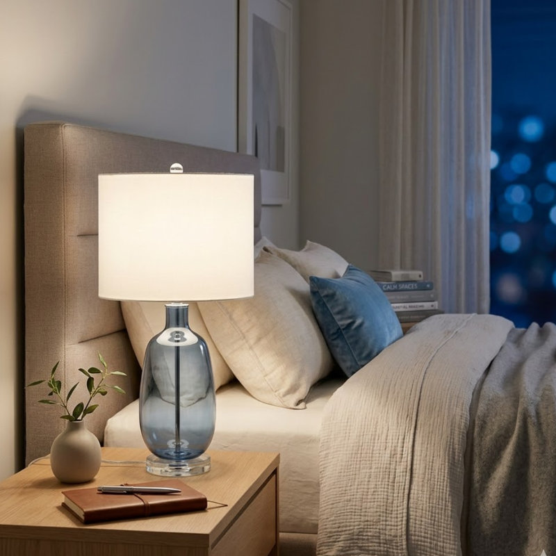 Glass Table Lamp And Shade, Blue