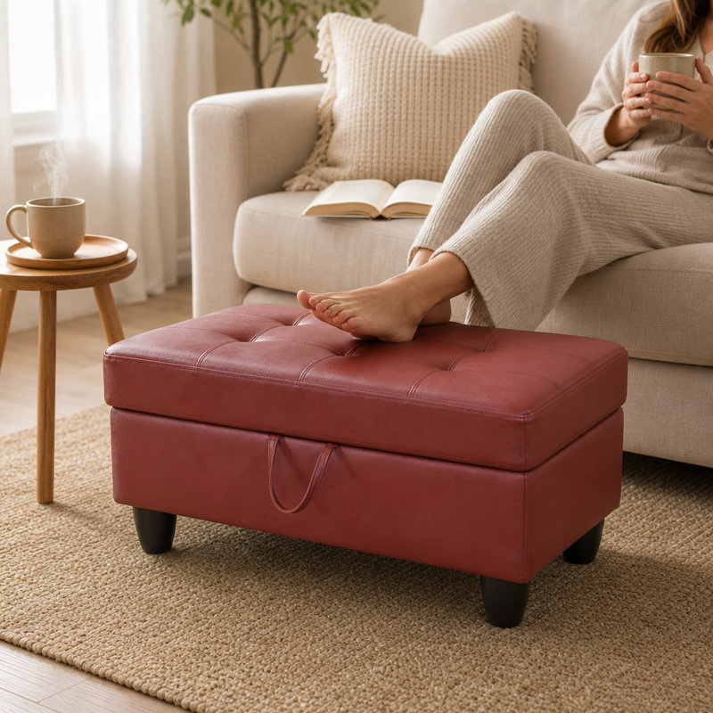 Repose-pieds de rangement en similicuir rouge, Rouge