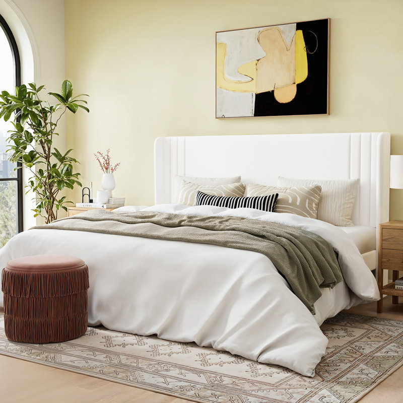 Twin Size Platform Bed Frame with Upholstered Headboard and Wooden Slats, White, Twin, White