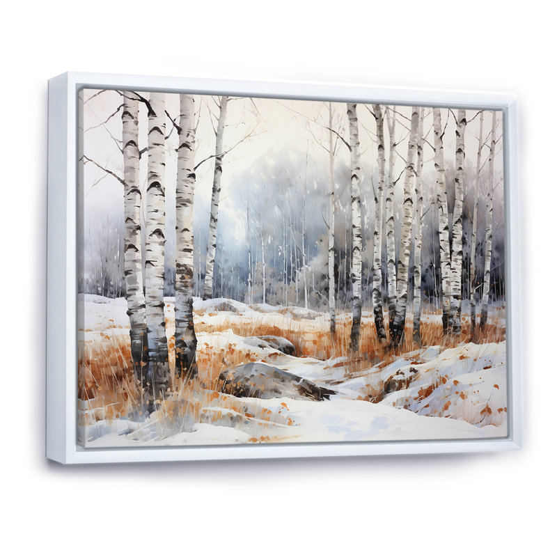 «Silver Minimalisme Tree Birchs Breath I» sur toile, Cadre flottant blanc, H 16 po x l 32 po x P 1 po